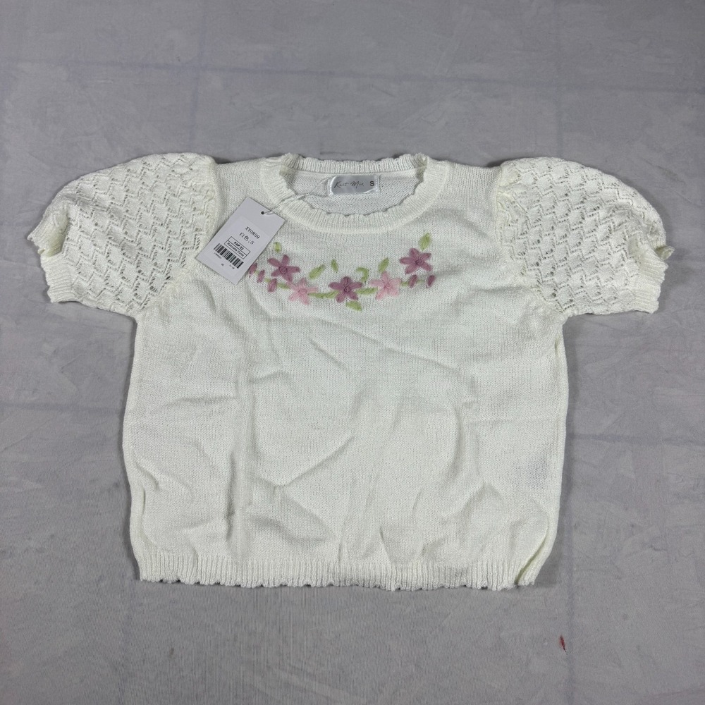 NWT Knit Mix Womens Knit French Commuter T-Shirt White Elegant Embroidered Small